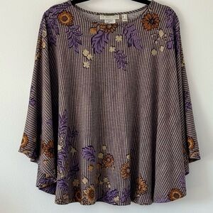 The Muses Lounge Floral Striped Tunic/Poncho Top – Boho Fall Print, Size M
